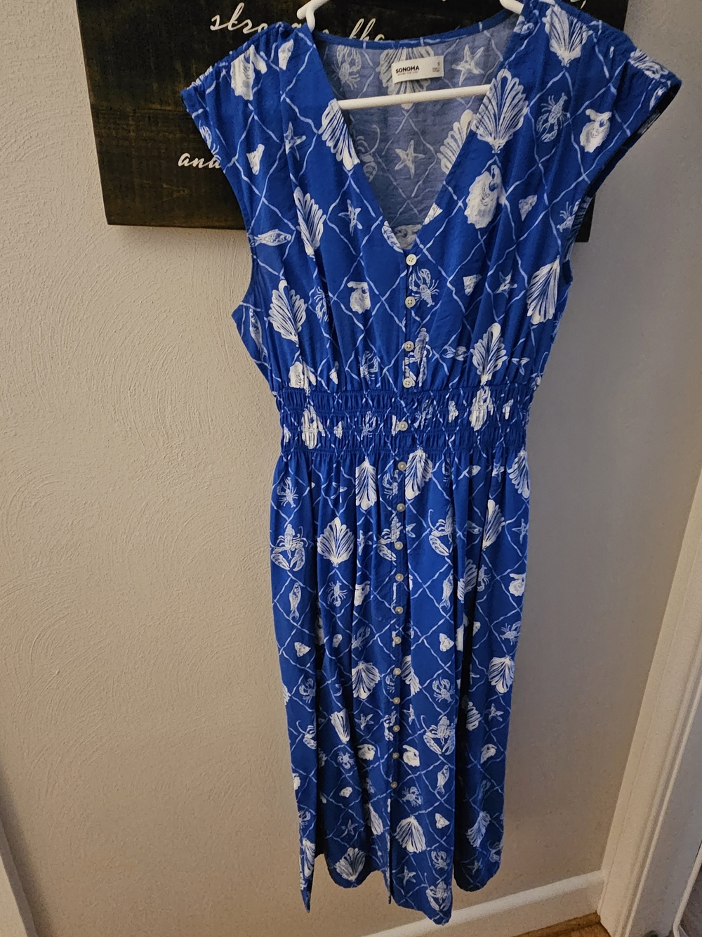 Sonoma Blue And White Shell Print Button-Front Dress